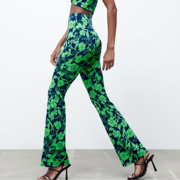 Zara Pants - NWT Zara Jacquard Pant Bell Bottoms Small Hippie Disco Navy & Neon Color Combo